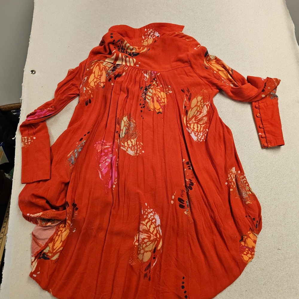 Free People Butterfly Print Tunic Top Orange Boho High Low V-Neck XS 6516 - Picture 6 of 7